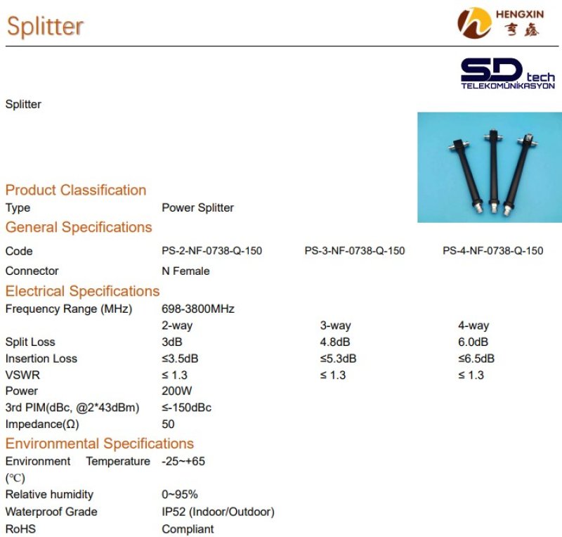 2 Way Power Splitter 698/3800 MHz