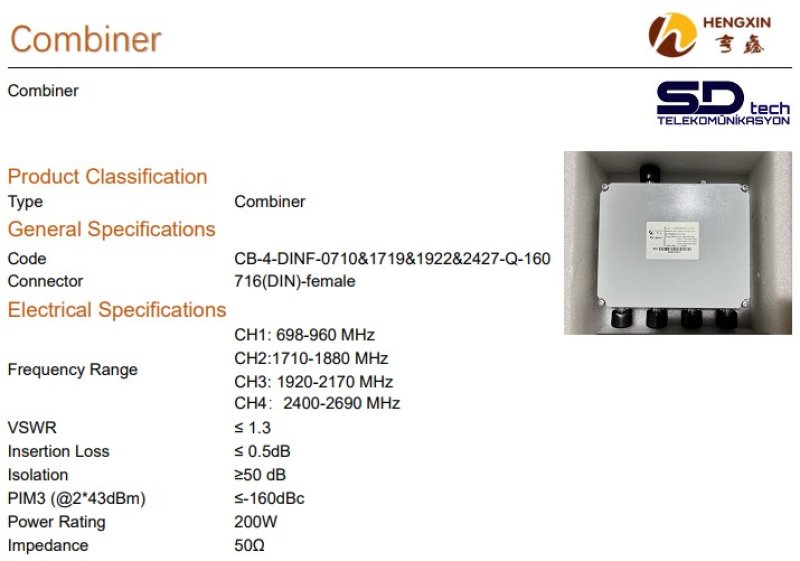 QUAD BAND COMBINER DIN FEMALE 698-960/1710-1880/1920- 2170/2400-2690 MHz